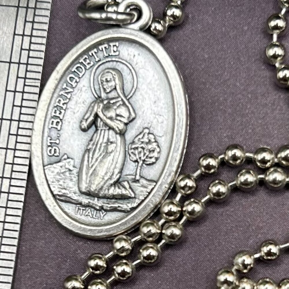 Vintage Our Lady of Lourdes Saint St. Bernadette Religious Long Medal Necklace